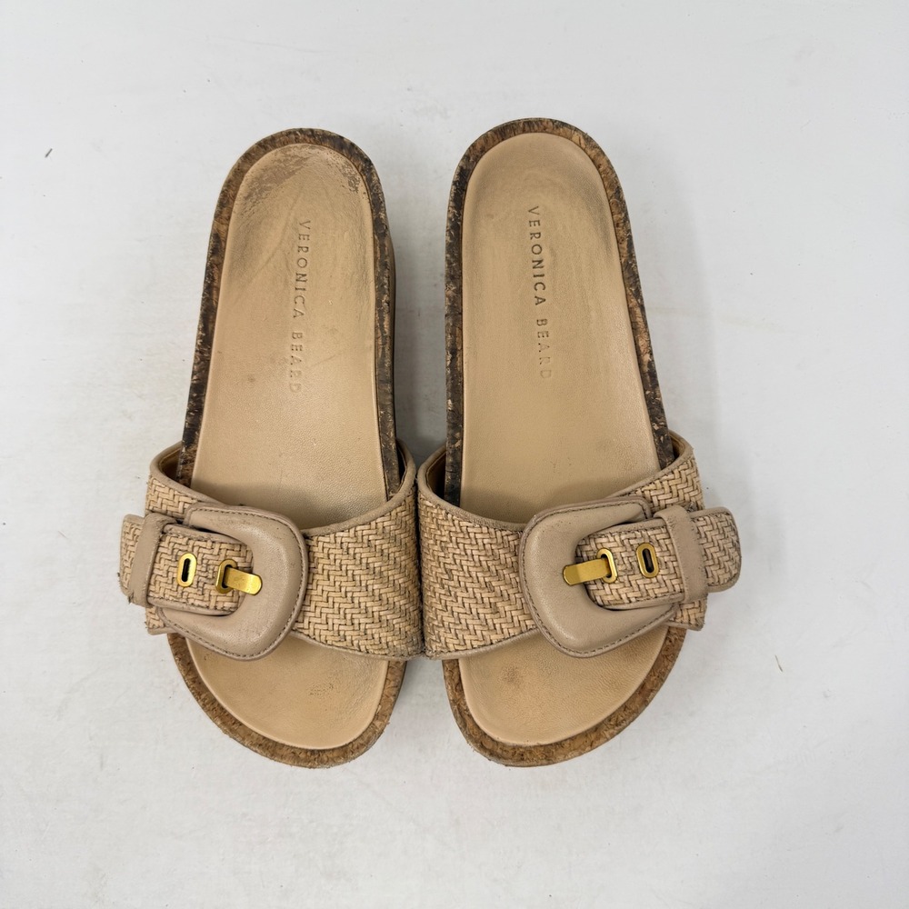 Veronica Beard Adelfa Raffia Cork Platform Slides Tan 6.5 Boho Summer Sandals